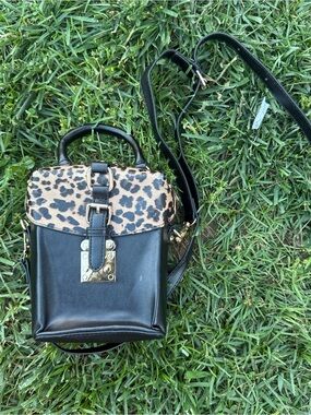 Black Faux Leather Crossbody with Leopard Print Flap